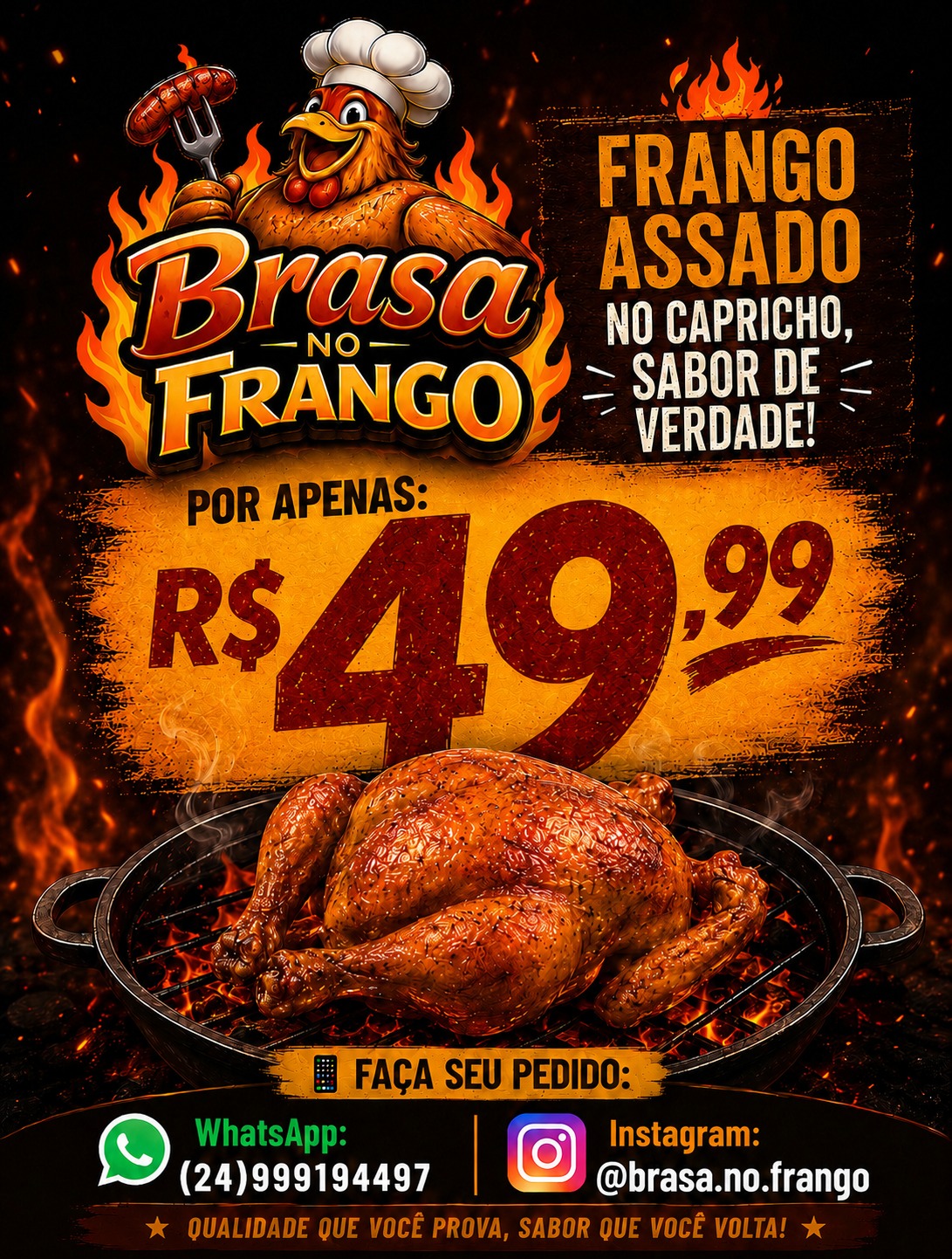 Frango assado inteiro na brasa