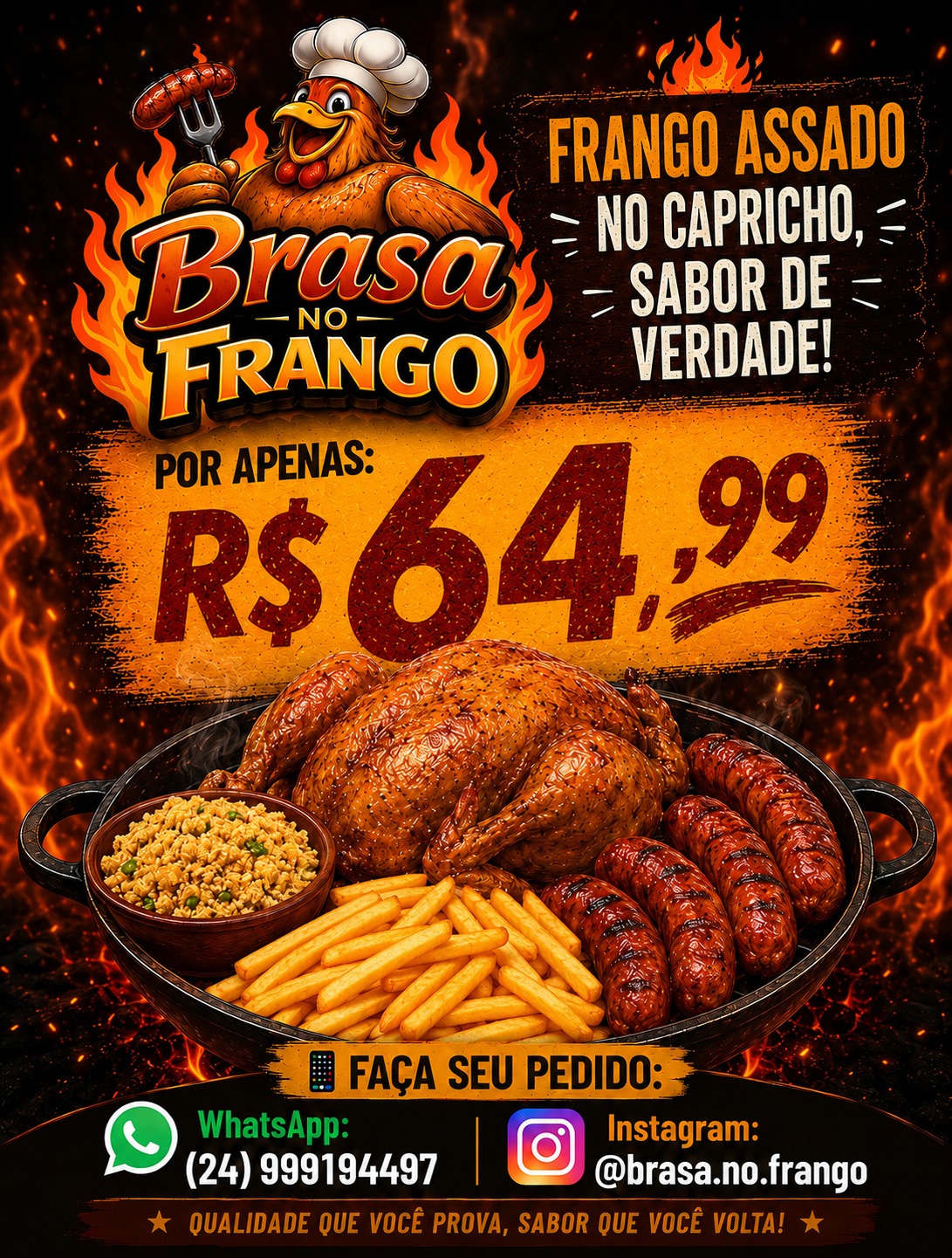 Combo completo com frango na brasa, linguiça, batata frita e arroz